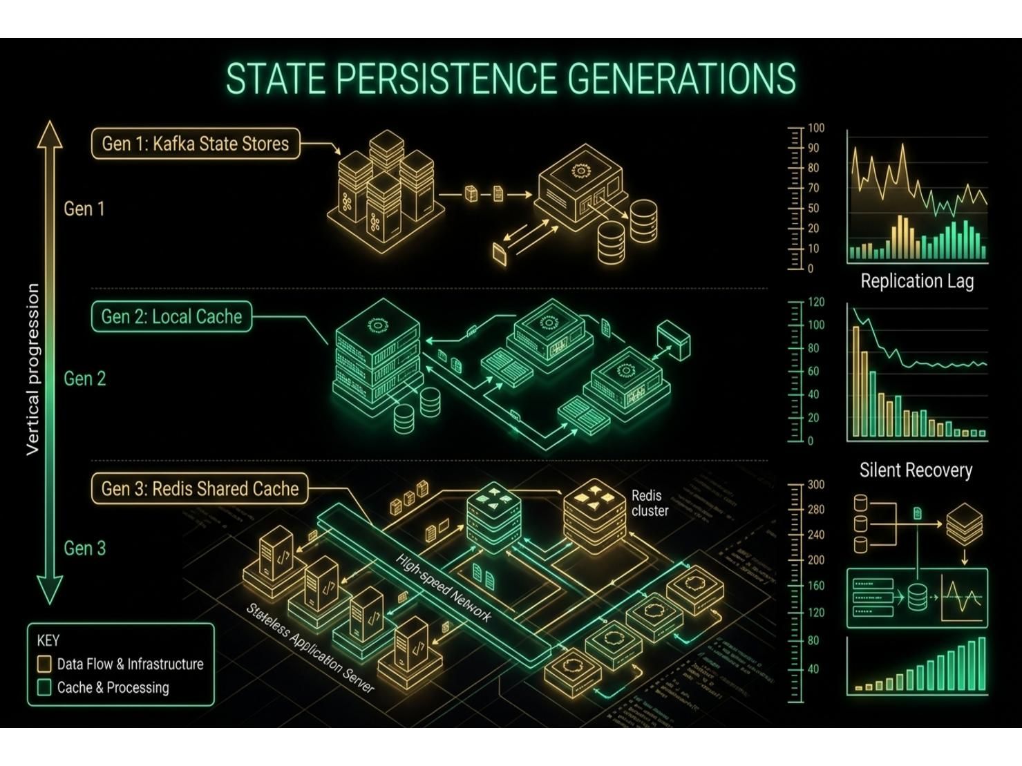 แผนภาพเปรียบเทียบความต่างระหว่าง Ideal Event-Driven Architecture Diagram กับ Reality ใน Production: latency สะสมในแต่ละ hop ของ Kafka pipeline ทำให้ UI ของ Agent เกิด lag 2-3 วินาที แสดงเส้นทาง Event Flow จาก UI → gRPC → Routing Engine → Agent State Service → Presence Service → Notification Service (สไตล์ Technical Architecture Diagram สีเข้ม บนพื้น Dark Background)