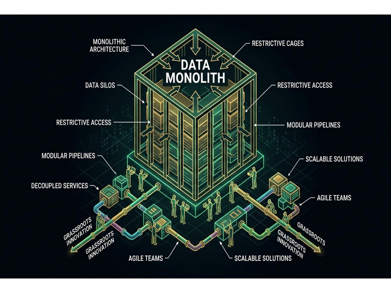 ภาพประกอบสไตล์ไอโซเมตริก 3D แสดงโครงสร้าง Data Monolith ขนาดใหญ่ที่แตกหัก ขณะที่ทีมวิศวกรระดับปฏิบัติการอยู่ฐานกำลังสร้าง Data Pipeline แบบโมดูลาร์ใหม่