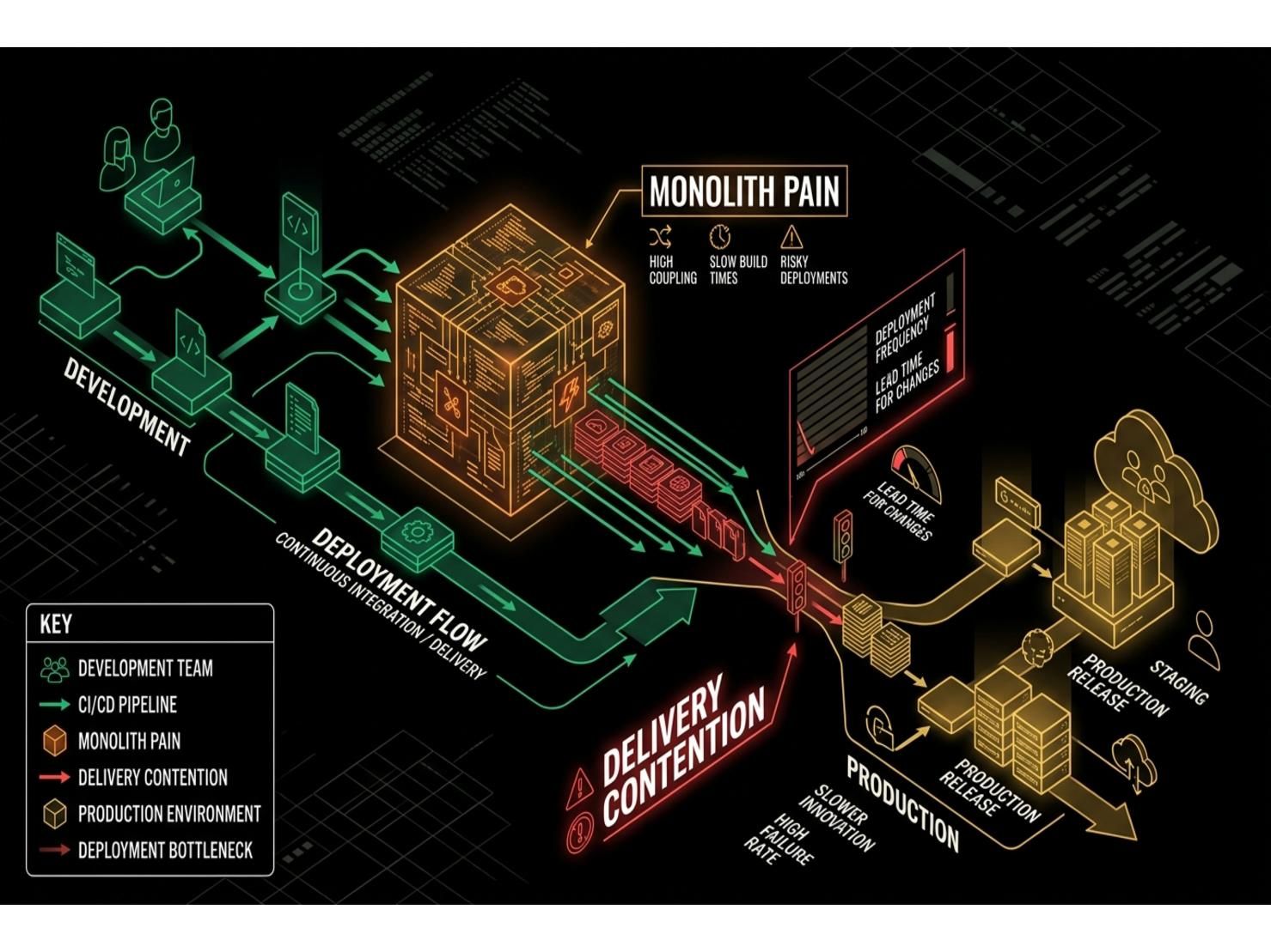 ภาพประกอบสไตล์ไอโซเมตริก 3D แสดงโครงสร้าง Monolith ขนาดใหญ่ที่แตกร้าว พร้อมก้อน Microservice เล็กๆ เริ่มแยกตัวออกมา