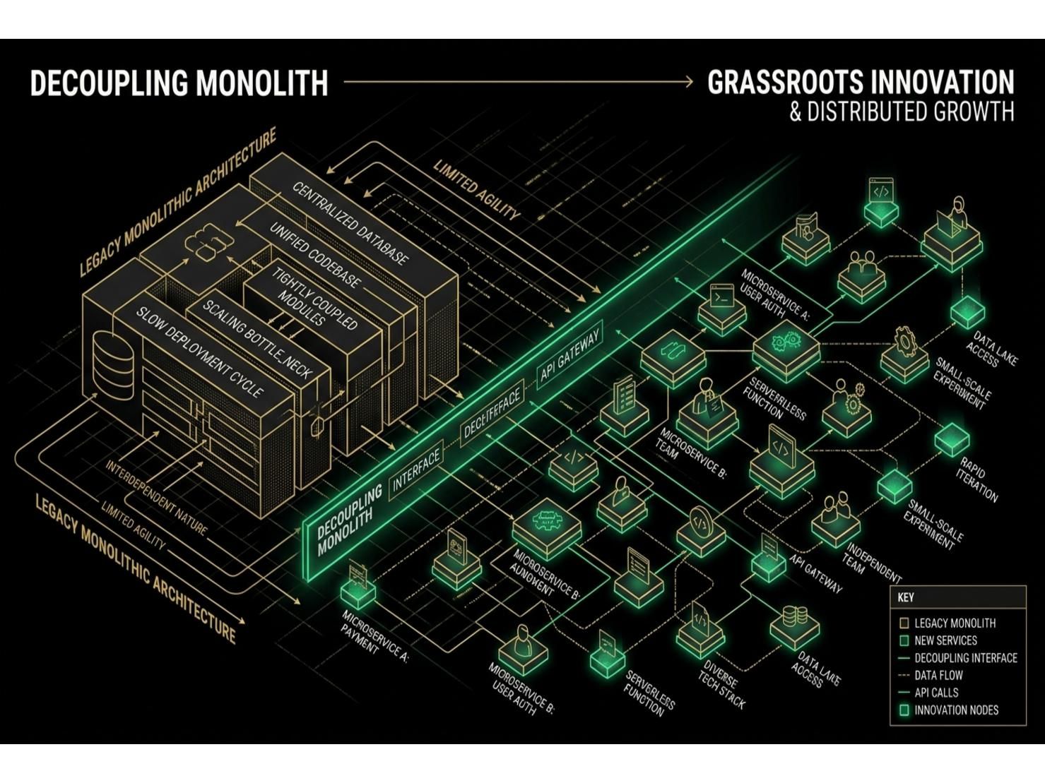 ภาพประกอบสไตล์ผังโครงสร้างเทคนิคแสดงการจัดระเบียบระบบที่ซับซ้อนให้กลายเป็นบล็อกสถาปัตยกรรมที่ชัดเจน