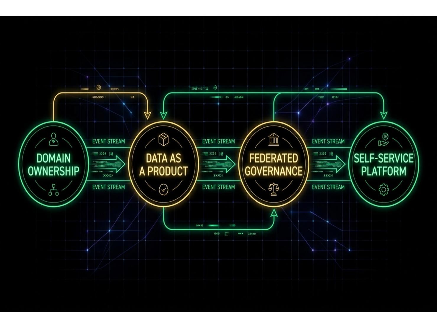 แผนภาพอินโฟกราฟิกแสดง 4 เสาหลักของ Data Mesh และการไหลของ Event Stream ระหว่าง Domain Teams