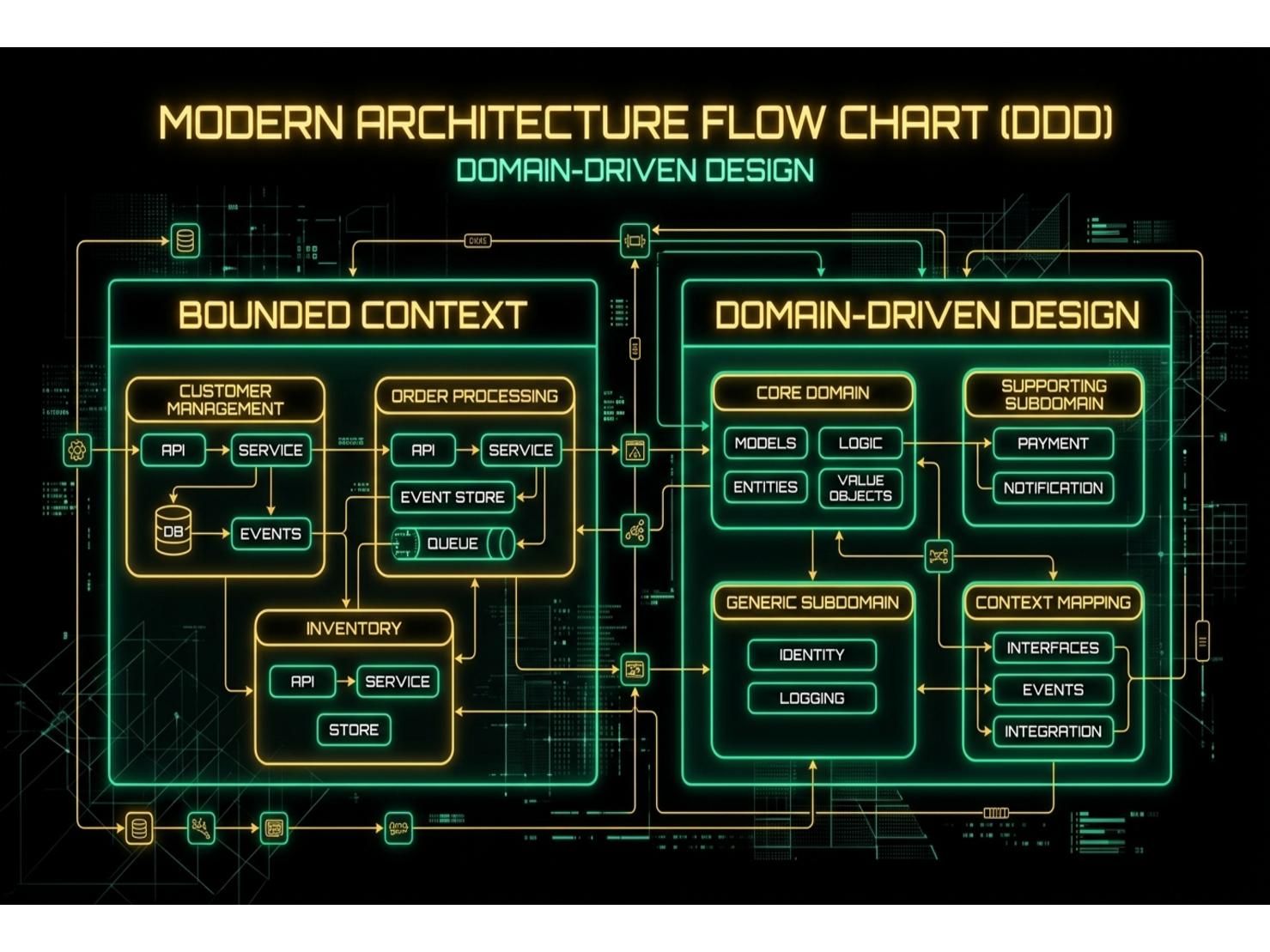 แผนภาพแสดงการแบ่งขอบเขตระบบที่ซับซ้อนออกเป็น Bounded Context แยกสีชัดเจน ตามหลัก Domain-Driven Design