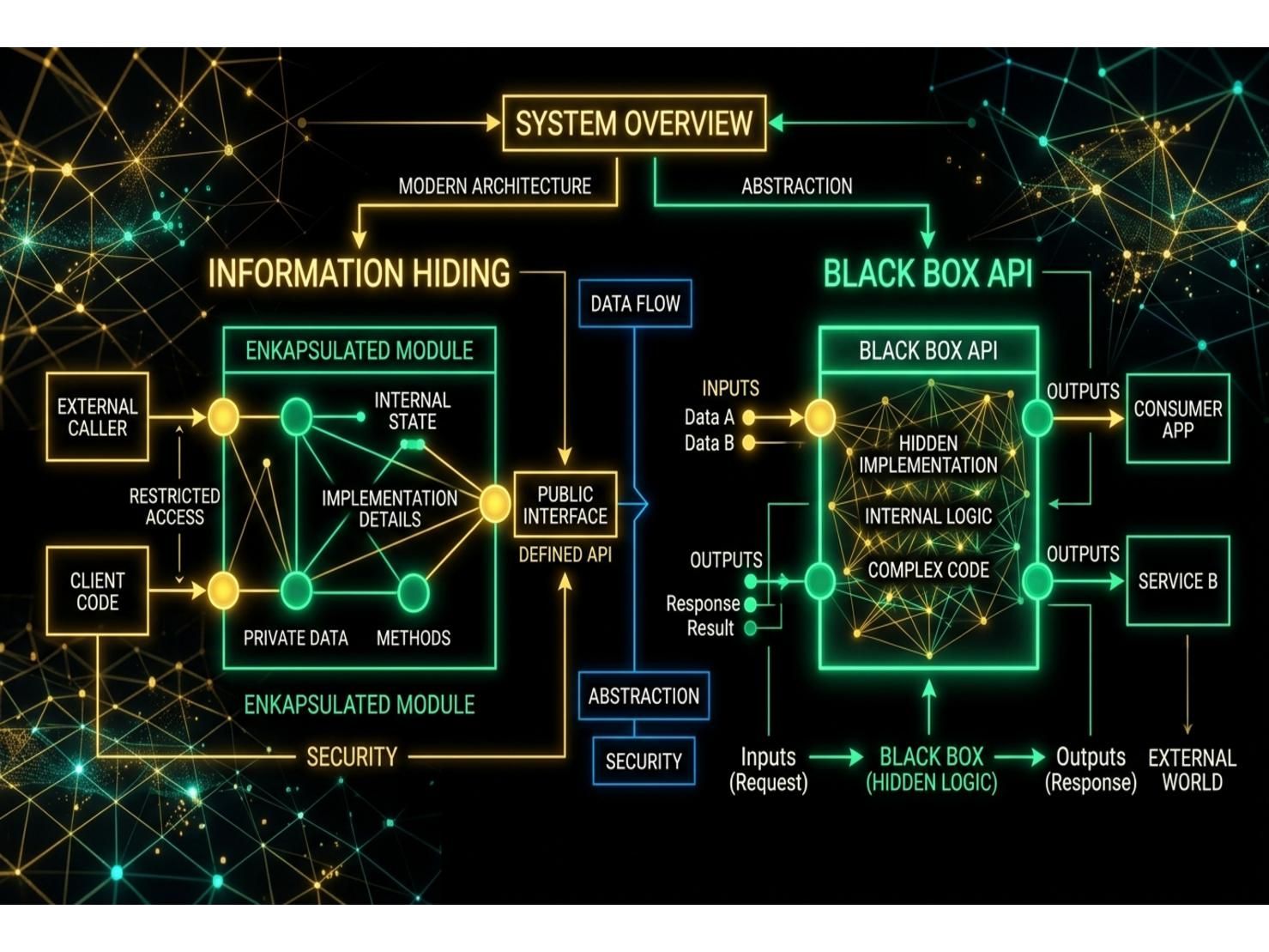 แผนภาพเปรียบเทียบระหว่างระบบที่เปิดเผยโครงสร้างภายในกับหลักการ Black Box ที่ซ่อนรายละเอียดไว้หลัง API
