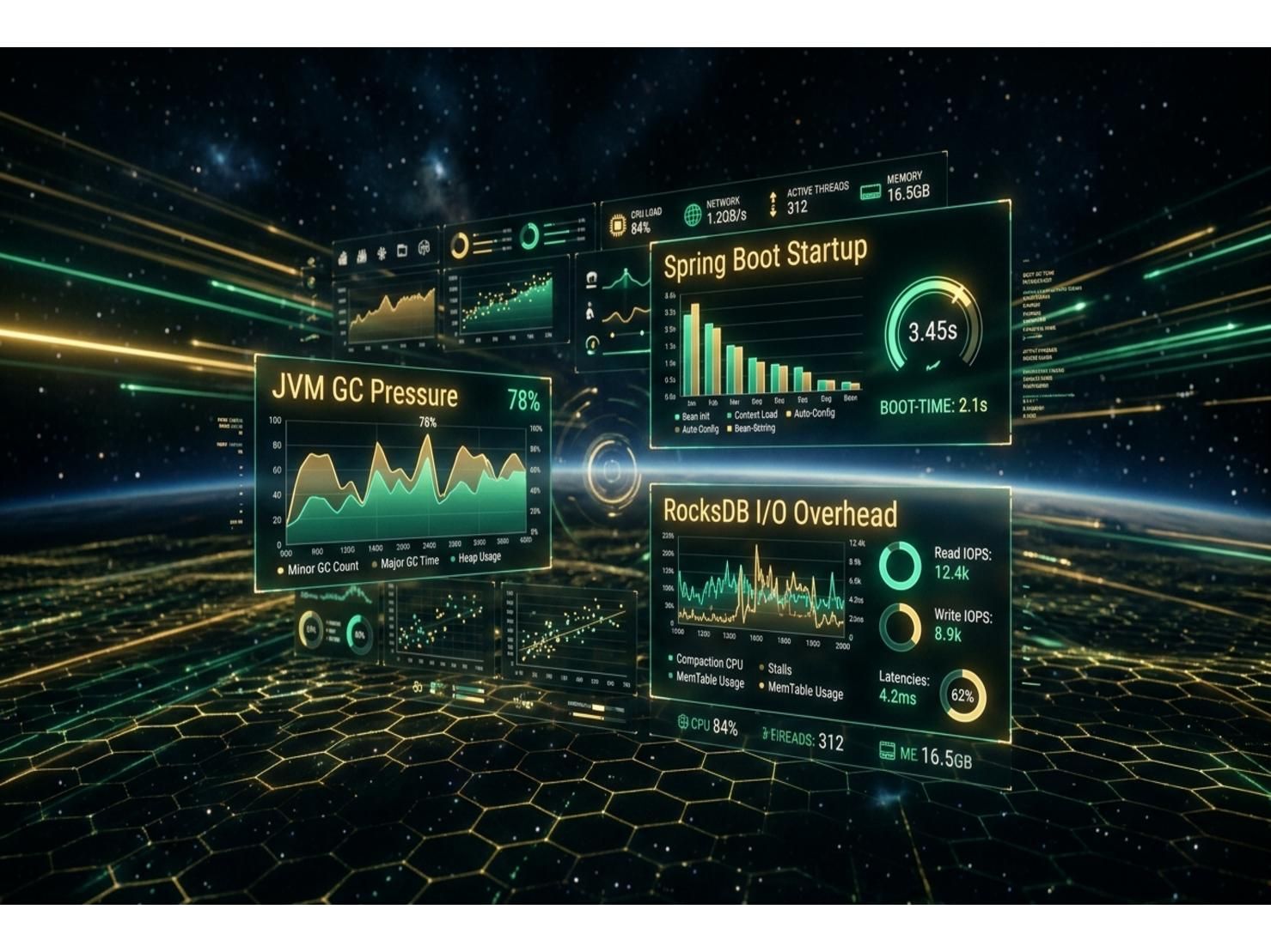 Dashboard สไตล์ Operations แสดง 3 มิติของ Tradeoffs: ซ้ายแสดง Partition Ceiling Graph (12 partitions คือ hard cap), กลางแสดง Deduplication Latency Comparison ระหว่าง Kafka-based (200ms per hop) vs Redis First-Write-Wins (near-zero), ขวาแสดง Cascading Failure Timeline จาก single blocking REST call ขยายไปเป็น consumer lag 30+ นาที (สไตล์ Dashboard/Control Panel บน Dark Theme)