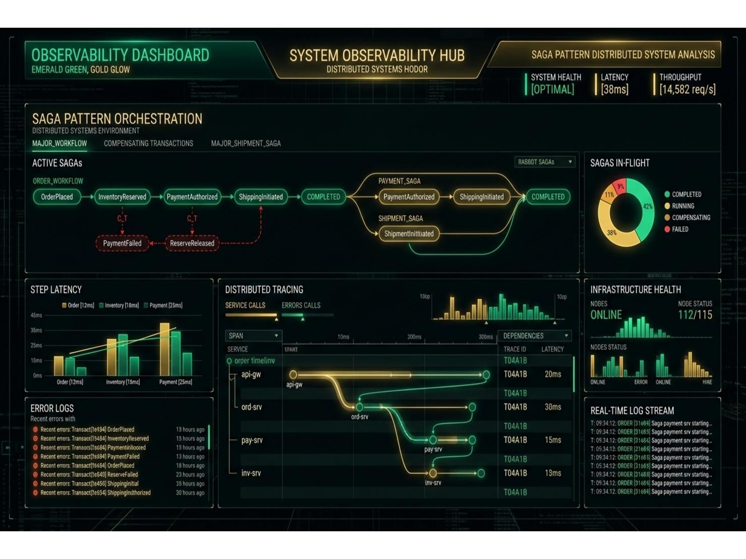 แดชบอร์ดระบบ Monitoring สไตล์มืออาชีพ แสดงการไหลของข้อมูลระหว่าง Microservice Nodes พร้อมจุดที่เกิดปัญหาและกลไก Circuit Breaker