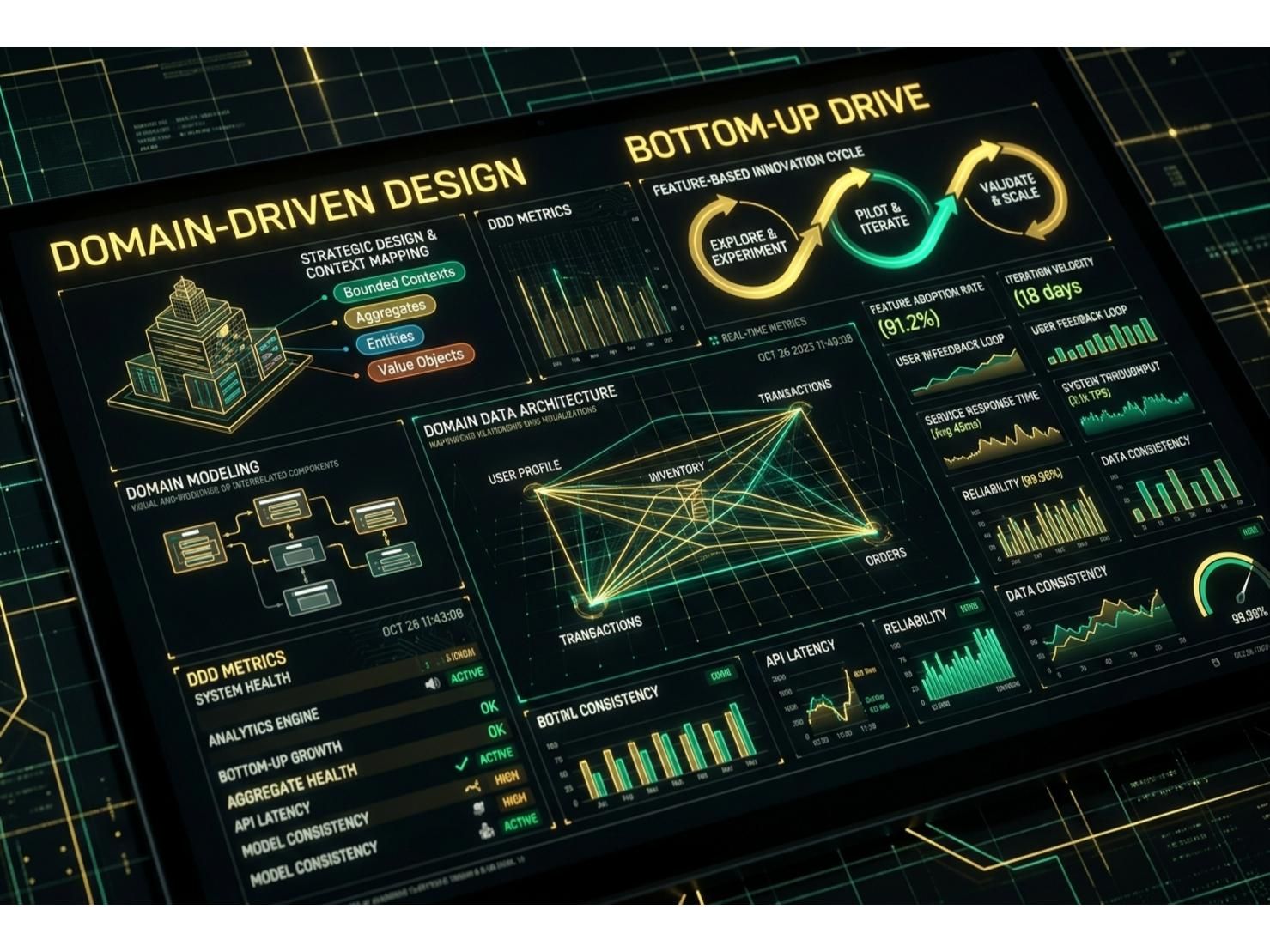 กราฟและแดชบอร์ดเปรียบเทียบความยืดหยุ่นของโครงสร้าง Microservices กับโครงสร้างองค์กรแบบดั้งเดิม