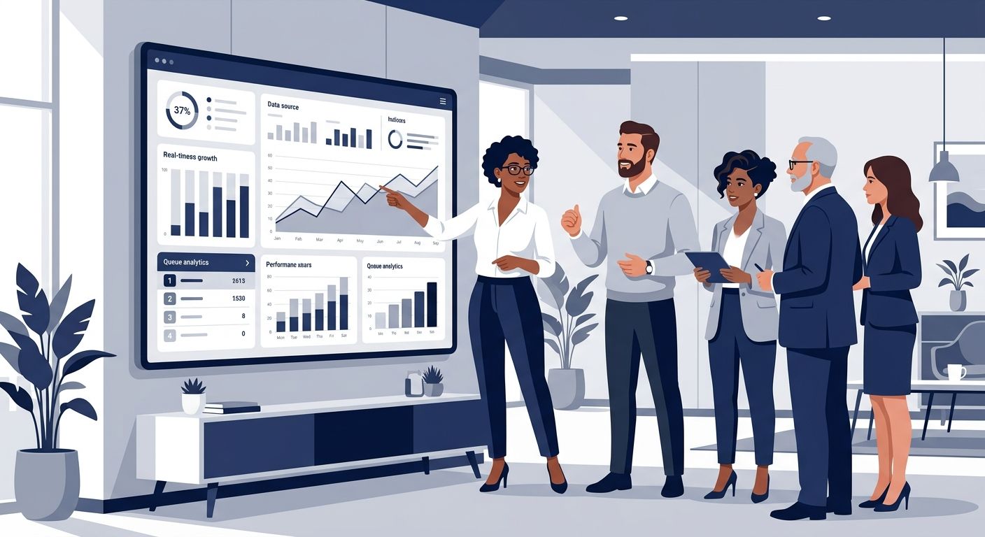 Corporate Tech Illustration of Professional Team analyzing Business Data via Cloud System
