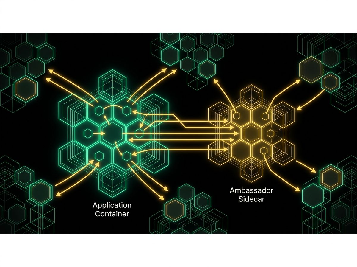 สถาปัตยกรรมซอฟต์แวร์แบบ Ambassador Pattern แสดงการทำงานร่วมกันระหว่าง Main Container และ Sidecar ในธีม Deep Tech