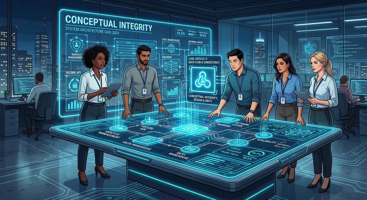 ภาพประกอบสไตล์ Corporate Tech แสดงการวางรากฐานสถาปัตยกรรมระบบที่มั่นคง