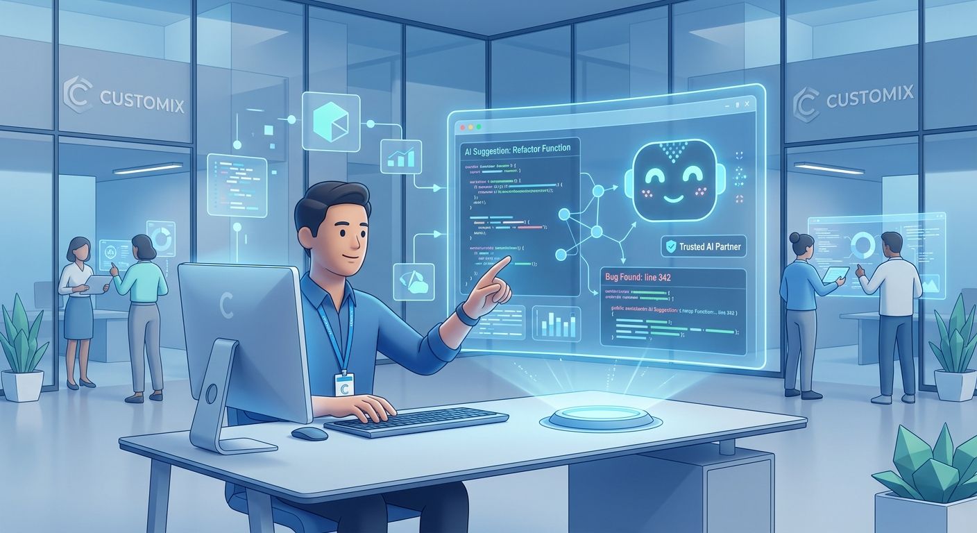Corporate illustration of professional IT team collaborating with AI technologies