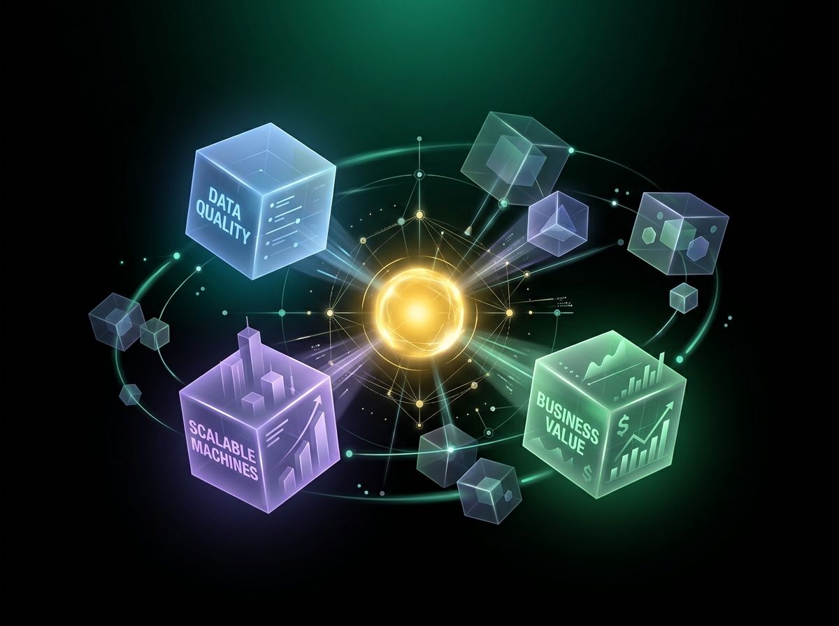ภาพประกอบสรุปแนวคิดการบริหารจัดการองค์กรแบบ Scalable Business Machine ด้วยโทนสีทองและมรกต