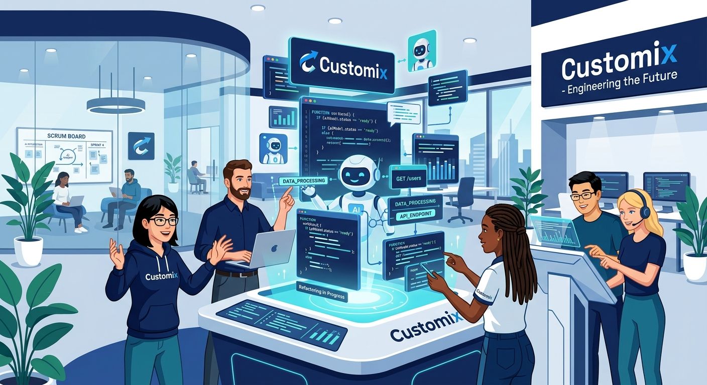Software Engineer working with AI agents in a high-tech corporate office environment